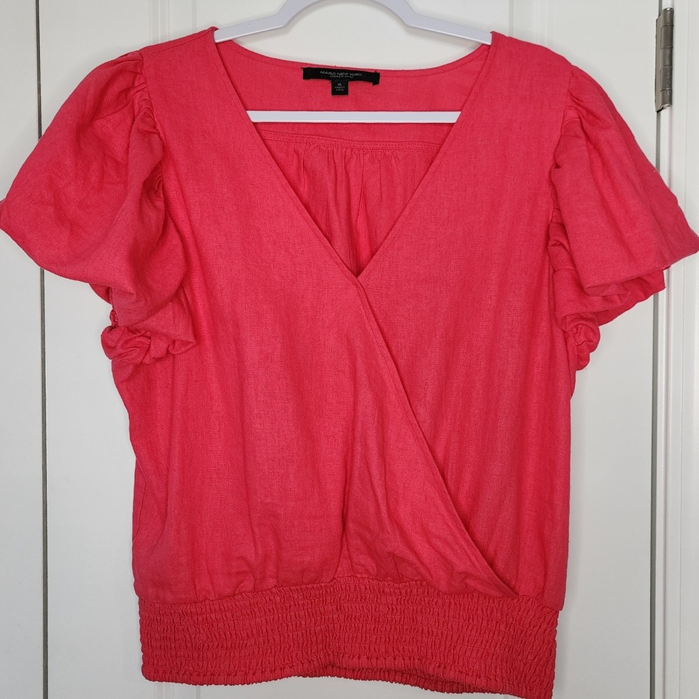 Marc New York Blouse Top Linen Blend Surplice Ruffle Sleeve Coral XL